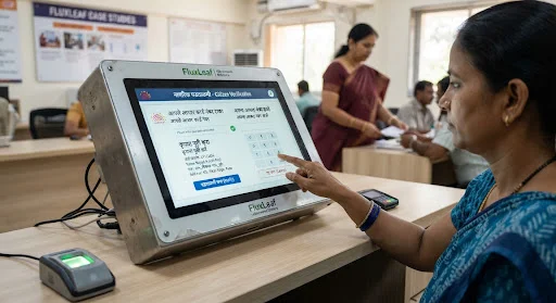 Close up architectural detail of digital governance UI terminal displaying multilingual Marathi and Hindi civic verification prompts on a crisp high contrast display in an administrative citizen facilitation desk.