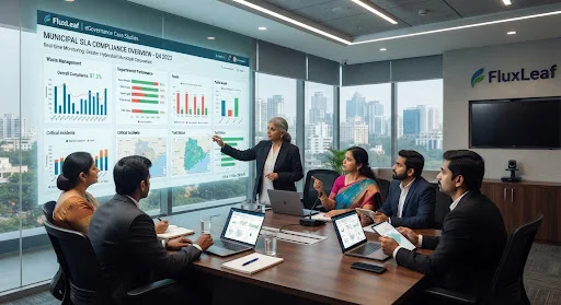 Modern Indian administrative boardroom with municipal commissioners evaluating high integrity real-time departmental SLA compliance dashboards projected on a clean glass wall.